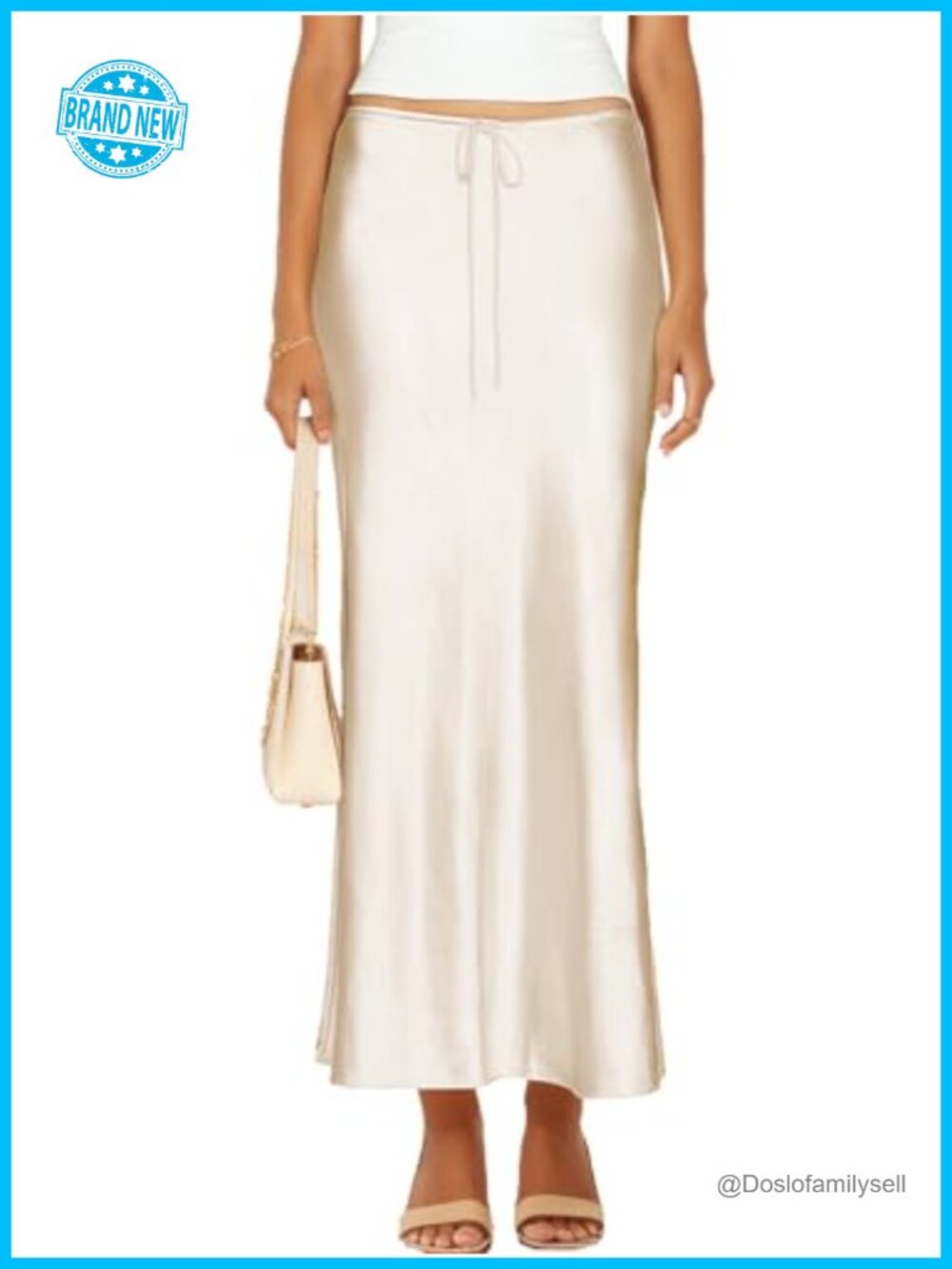Satin Silk Maxi Skirt Drawstring A-Line Long Flowy Casual